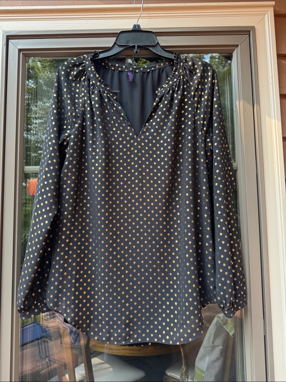 NYDJ Black Blouse with Gold Diamond Dot Print